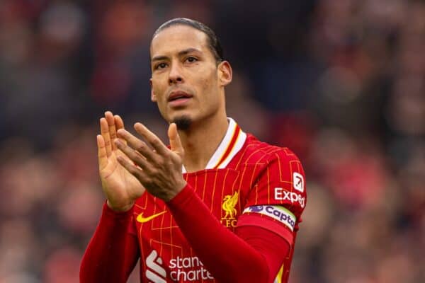 LIVERPOOL, ENGLAND - Sunday, February 16, 2025: Liverpool's captain Virgil van Dijk applauds the supporters after the FA Premier League match between Liverpool FC and Wolverhampton Wanderers FC at Anfield. Liverpool won 2-1. (Photo by David Rawcliffe/Propaganda)