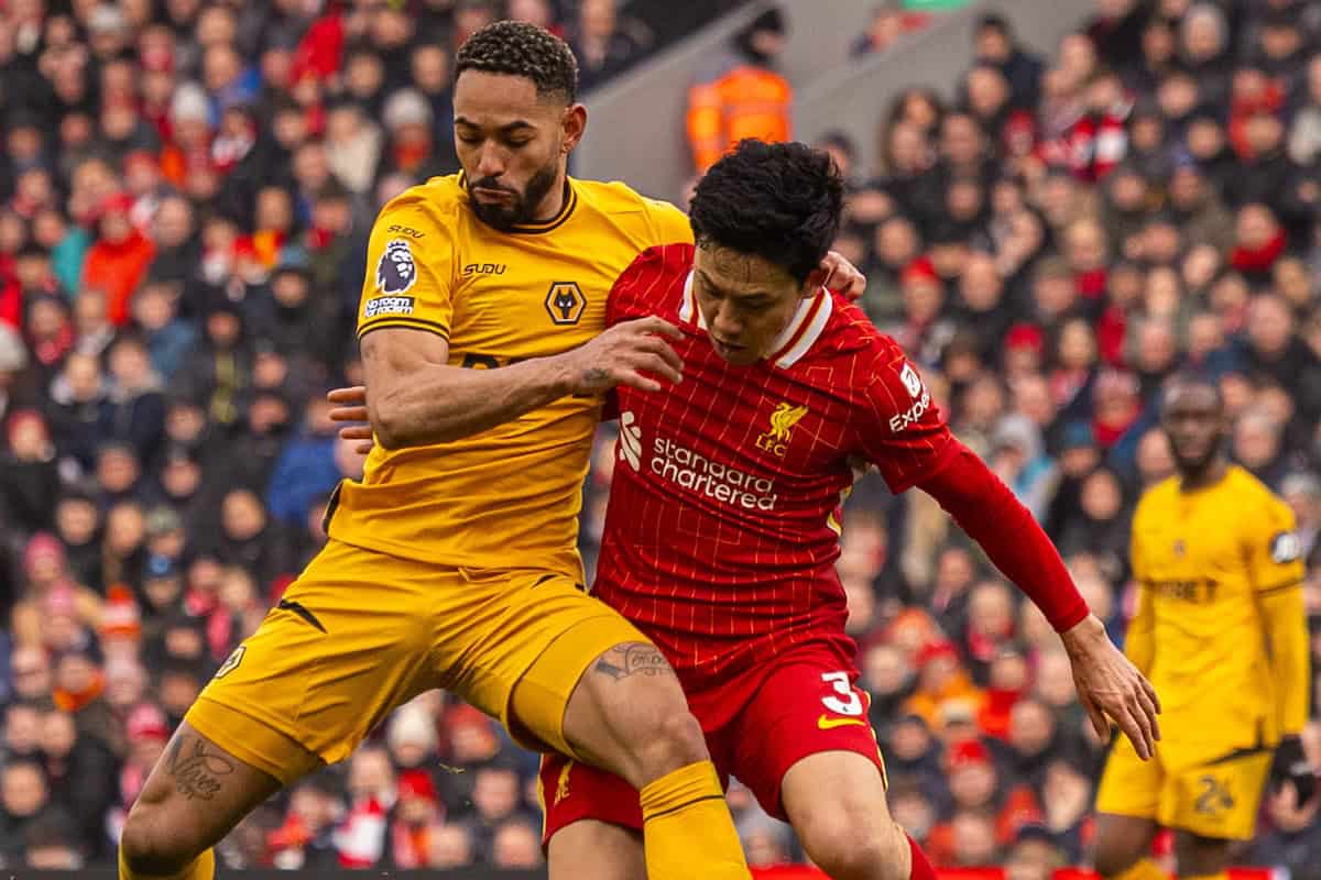 LIVERPOOL, ENGLAND - Sunday, February 16, 2025: Wolverhampton Wanderers' Matheus Cunha is challenged by Liverpool's Wataru End? during the FA Premier League match between Liverpool FC and Wolverhampton Wanderers FC at Anfield. (Photo by David Rawcliffe/Propaganda)