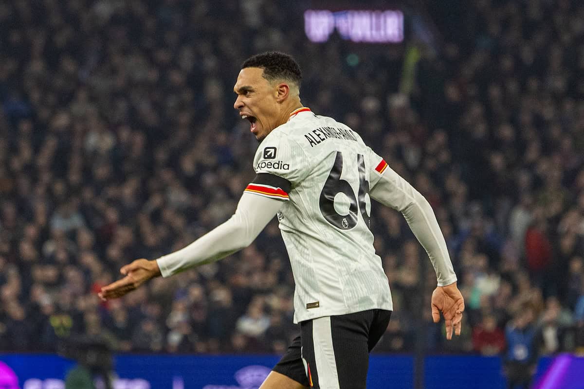 BIRMINGHAM, ENGLAND - Wednesday, February 19, 2025: Liverpool's Trent Alexander-Arnold celebrates after scoring his side's second goal during the FA Premier League match between Aston Villa FC and Liverpool FC at Villa Park. (Photo by David Rawcliffe/Propaganda)
