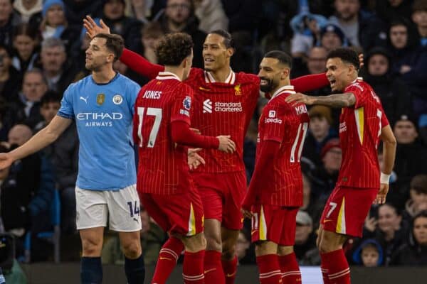 MANCHESTER, ENGLAND - Sunday, February 23, 2025: Liverpool's Mohamed Salah celebrates after scoring the first goal during the FA Premier League match between Manchester City FC and Liverpool FC at the City of Manchester Stadium. (Photo by David Rawcliffe/Propaganda)