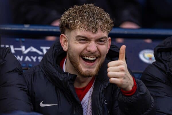 MANCHESTER, ENGLAND - Sunday, February 23, 2025: Liverpool's substitute Harvey Elliott on the bench before the FA Premier League match between Manchester City FC and Liverpool FC at the City of Manchester Stadium. (Photo by David Rawcliffe/Propaganda)