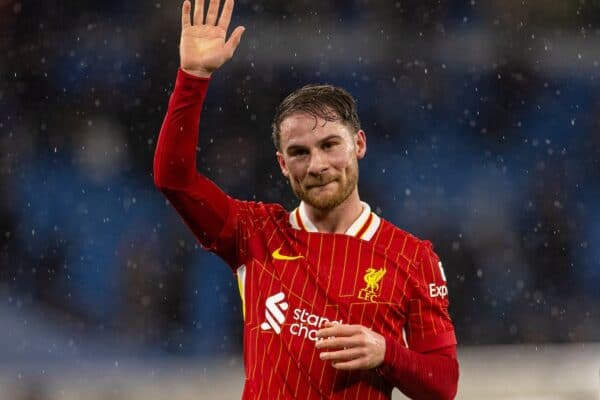 MANCHESTER, ENGLAND - Sunday, February 23, 2025: Liverpool's Alexis Mac Allister celebrates after the FA Premier League match between Manchester City FC and Liverpool FC at the City of Manchester Stadium. Liverpool won 2-0. (Photo by David Rawcliffe/Propaganda)