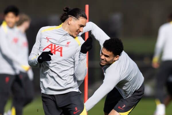 LIVERPOOL, ENGLAND - Tuesday, March 4, 2025: Liverpool's Darwin Núñez (L) and Luis Díaz during a training session at the AXA Training Centre ahead of the UEFA Champions League match between Paris Saint-Germain and Liverpool FC. (Photo by Jessica Hornby/Propaganda)