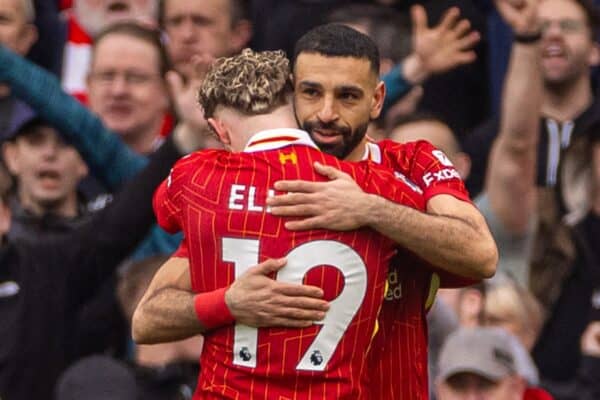 LIVERPOOL, ENGLAND - Saturday, March 8, 2025: Liverpool's Mohamed Salah celebrates after scoring his side's second goal, from a penalty kick, during the FA Premier League match between Liverpool FC and Southampton FC at Anfield. (Photo by David Rawcliffe/Propaganda)