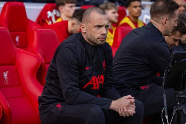LIVERPOOL, ENGLAND - Saturday, March 8, 2025: Liverpool's assistant coach John Heitinga during the FA Premier League match between Liverpool FC and Southampton FC at Anfield. (Photo by David Rawcliffe/Propaganda)