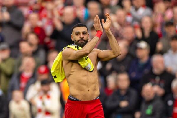 LIVERPOOL, ENGLAND - Saturday, March 8, 2025: Liverpool's Mohamed Salah celebrates after the FA Premier League match between Liverpool FC and Southampton FC at Anfield. (Photo by David Rawcliffe/Propaganda)