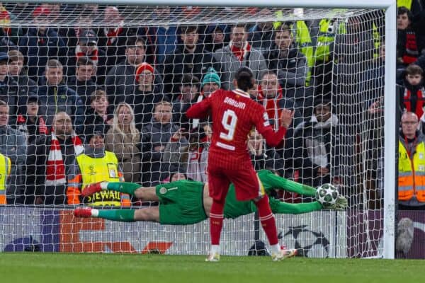 LIVERPOOL, ENGLAND - Tuesday, March 11, 2025: Liverpool's Darwin Núñez looks dejected after missing his penalty in the shoot-out during the UEFA Champions League Round of 16 2nd Leg match between Liverpool FC and Paris Saint-Germain FC at Anfield. (Photo by David Rawcliffe/Propaganda)