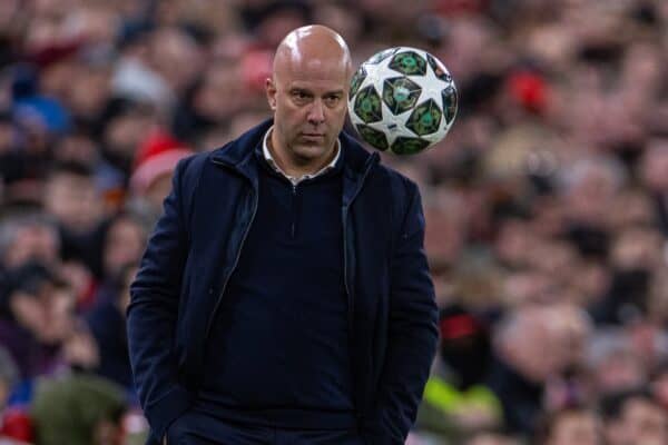 LIVERPOOL, ENGLAND - Tuesday, March 11, 2025: Liverpool's head coach Arne Slot during the UEFA Champions League Round of 16 2nd Leg match between Liverpool FC and Paris Saint-Germain FC at Anfield. (Photo by David Rawcliffe/Propaganda)