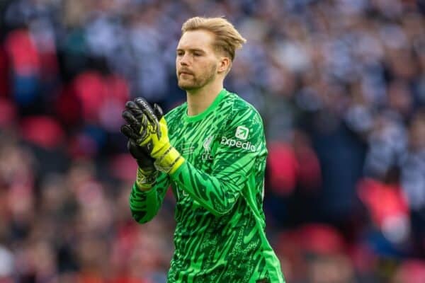 LONDON, ENGLAND - Sunday, March 16, 2025: Liverpool's goalkeeper Caoimhin Kelleher during the Football League Cup Final match between Liverpool FC and Newcastle United FC at Wembley Stadium. (Photo by David Rawcliffe/Propaganda)