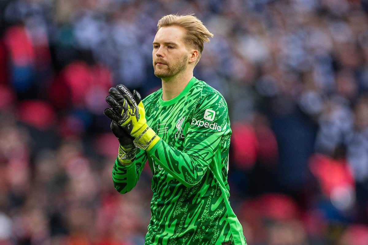LONDON, ENGLAND - Sunday, March 16, 2025: Liverpool's goalkeeper Caoimhin Kelleher during the Football League Cup Final match between Liverpool FC and Newcastle United FC at Wembley Stadium. (Photo by David Rawcliffe/Propaganda)