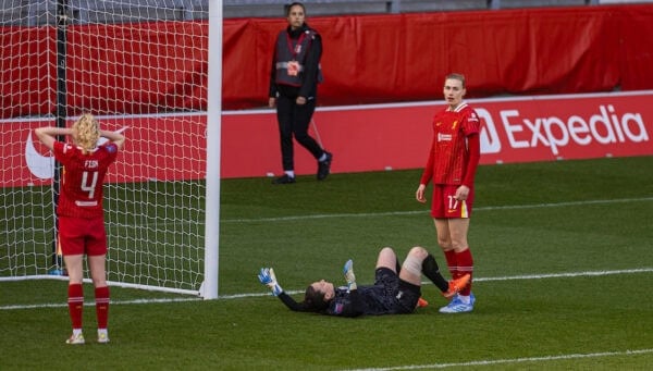 ST HELENS, ENGLAND - Sunday, March 30, 2025: Liverpool's Jenna Clark looks dejected after scoring an own-goal to give Aston Villa a 2-1 lead during the FA Women’s Super League match between Liverpool FC Women and Aston Villa FC Women at the St Helens Stadium. (Photo by David Rawcliffe/Propaganda)
