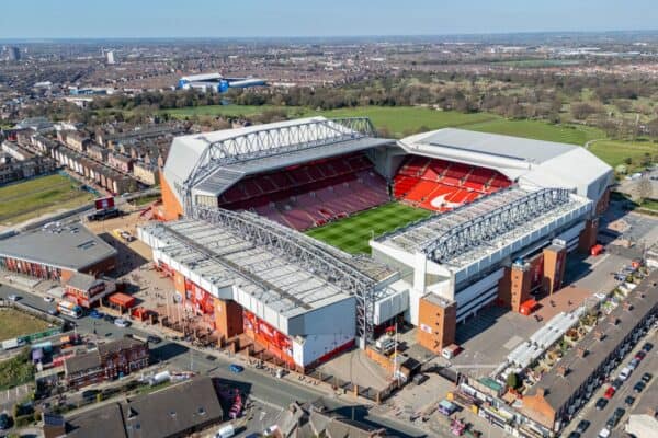 LIVERPOOL, ENGLAND - Wednesday, April 2, 2025: An aerial view of Liverpool Anfield Stadium, with Everton's Goodison Park stadium in view in the background across Stanley Park seen before the FA Premier League match between Liverpool FC and Everton FC, the 246th Merseyside Derby. (Photo by David Rawcliffe/Propaganda)