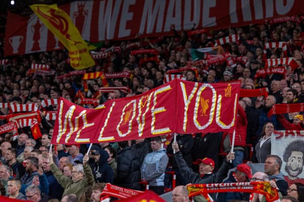 LIVERPOOL, ENGLAND - Wednesday, April 2, 2025: Liverpool supporters on the Spion Kop during the FA Premier League match between Liverpool FC and Everton FC, the 246th Merseyside Derby, at Anfield. (Photo by David Rawcliffe/Propaganda)