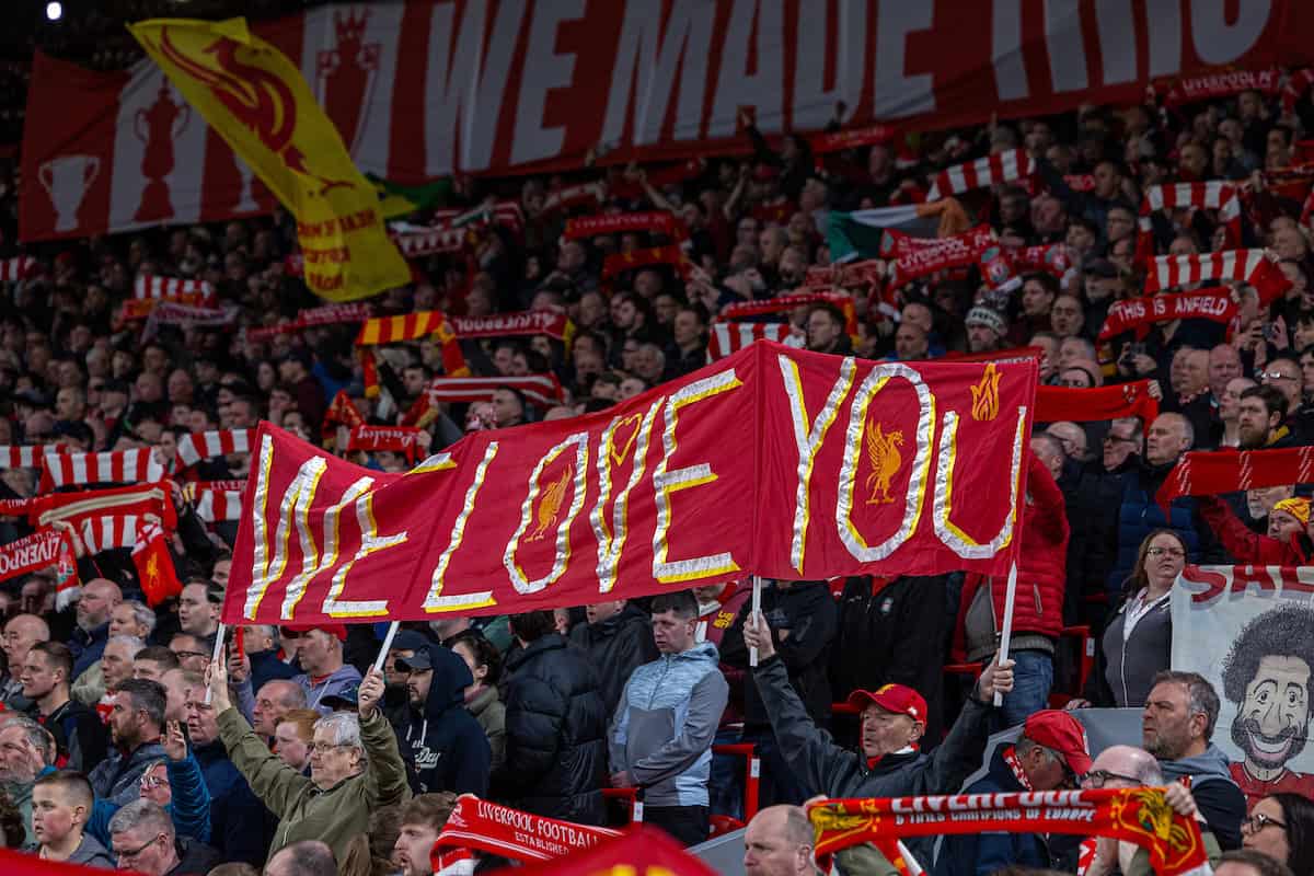 LIVERPOOL, ENGLAND - Wednesday, April 2, 2025: Liverpool supporters on the Spion Kop during the FA Premier League match between Liverpool FC and Everton FC, the 246th Merseyside Derby, at Anfield. (Photo by David Rawcliffe/Propaganda)