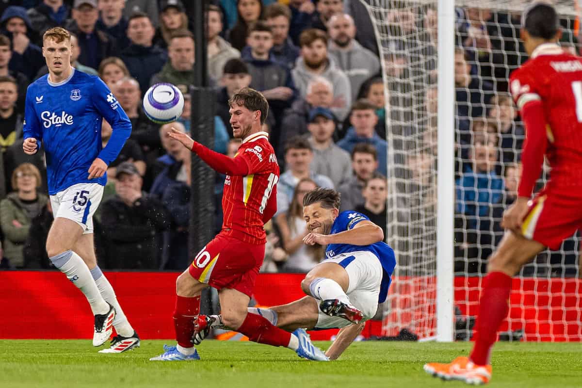 LIVERPOOL, ENGLAND - Wednesday, April 2, 2025: Everton's James Tarkowski (R) dives in studs-up on Liverpool's Alexis Mac Allister during the FA Premier League match between Liverpool FC and Everton FC, the 246th Merseyside Derby, at Anfield. (Photo by David Rawcliffe/Propaganda)