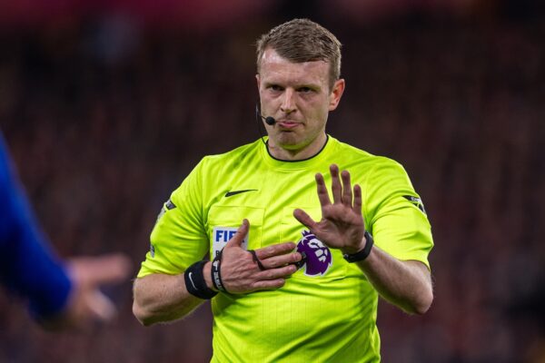 LIVERPOOL, ENGLAND - Wednesday, April 2, 2025: Referee Samuel Barrott during the FA Premier League match between Liverpool FC and Everton FC, the 246th Merseyside Derby, at Anfield. (Photo by David Rawcliffe/Propaganda)