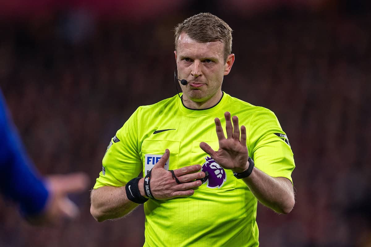 LIVERPOOL, ENGLAND - Wednesday, April 2, 2025: Referee Samuel Barrott during the FA Premier League match between Liverpool FC and Everton FC, the 246th Merseyside Derby, at Anfield. (Photo by David Rawcliffe/Propaganda)