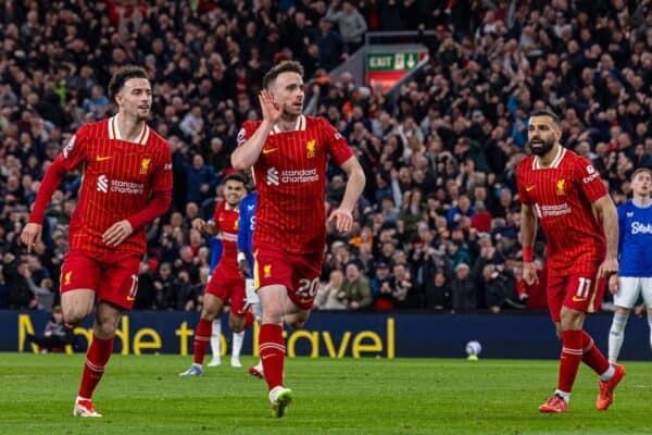 LIVERPOOL, ENGLAND - Wednesday, April 2, 2025: Liverpool's Diogo Jota celebrates after scoring the first goal during the FA Premier League match between Liverpool FC and Everton FC, the 246th Merseyside Derby, at Anfield. (Photo by David Rawcliffe/Propaganda)
