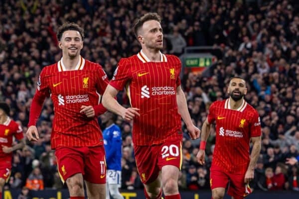 LIVERPOOL, ENGLAND - Wednesday, April 2, 2025: Liverpool's Diogo Jota celebrates after scoring the first goal during the FA Premier League match between Liverpool FC and Everton FC, the 246th Merseyside Derby, at Anfield. (Photo by David Rawcliffe/Propaganda)