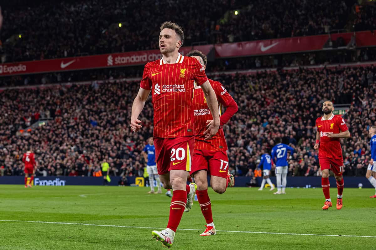 LIVERPOOL, ENGLAND - Wednesday, April 2, 2025: Liverpool's Diogo Jota celebrates after scoring the first goal during the FA Premier League match between Liverpool FC and Everton FC, the 246th Merseyside Derby, at Anfield. (Photo by David Rawcliffe/Propaganda)