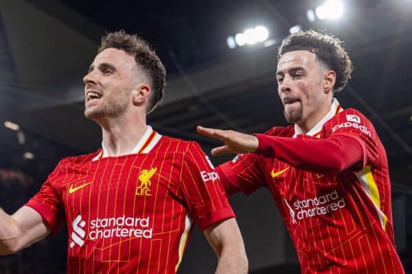 LIVERPOOL, ENGLAND - Wednesday, April 2, 2025: Liverpool's Diogo Jota celebrates after scoring the first goal during the FA Premier League match between Liverpool FC and Everton FC, the 246th Merseyside Derby, at Anfield. (Photo by David Rawcliffe/Propaganda)