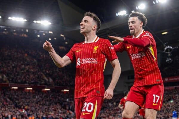 LIVERPOOL, ENGLAND - Wednesday, April 2, 2025: Liverpool's Diogo Jota celebrates after scoring the first goal during the FA Premier League match between Liverpool FC and Everton FC, the 246th Merseyside Derby, at Anfield. (Photo by David Rawcliffe/Propaganda)