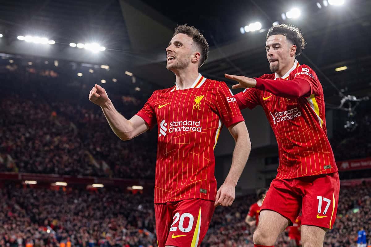 LIVERPOOL, ENGLAND - Wednesday, April 2, 2025: Liverpool's Diogo Jota celebrates after scoring the first goal during the FA Premier League match between Liverpool FC and Everton FC, the 246th Merseyside Derby, at Anfield. (Photo by David Rawcliffe/Propaganda)