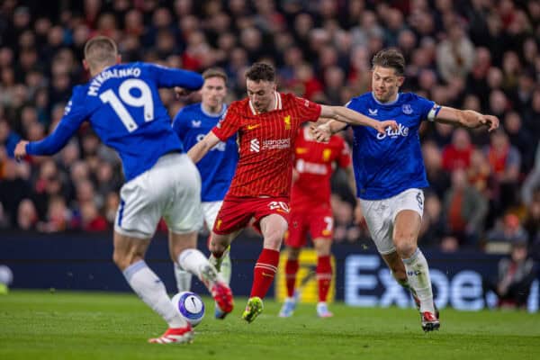 LIVERPOOL, ENGLAND - Wednesday, April 2, 2025: Liverpool's Diogo Jota scores the first goal during the FA Premier League match between Liverpool FC and Everton FC, the 246th Merseyside Derby, at Anfield. (Photo by David Rawcliffe/Propaganda)