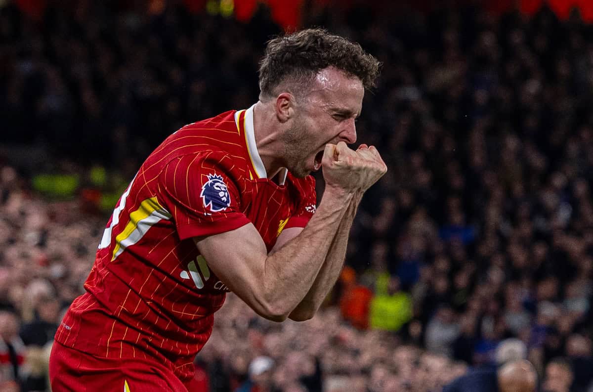 LIVERPOOL, ENGLAND - Wednesday, April 2, 2025: Liverpool's Diogo Jota reacts during the FA Premier League match between Liverpool FC and Everton FC, the 246th Merseyside Derby, at Anfield. (Photo by David Rawcliffe/Propaganda)