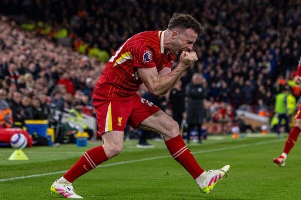 LIVERPOOL, ENGLAND - Wednesday, April 2, 2025: Liverpool's Diogo Jota reacts during the FA Premier League match between Liverpool FC and Everton FC, the 246th Merseyside Derby, at Anfield. (Photo by David Rawcliffe/Propaganda)