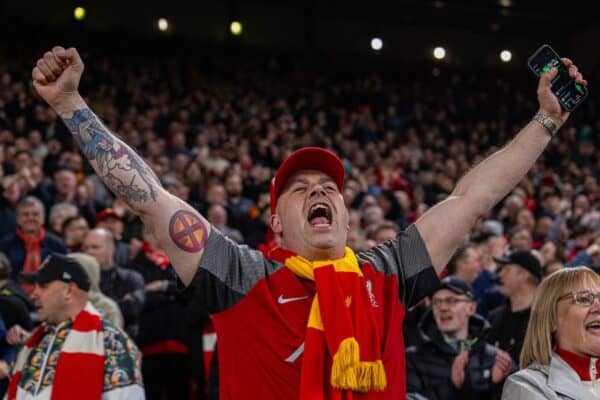LIVERPOOL, ENGLAND - Wednesday, April 2, 2025: A Liverpool supporter celebrates after the FA Premier League match between Liverpool FC and Everton FC, the 246th Merseyside Derby, at Anfield. Liverpool won 1-0. (Photo by David Rawcliffe/Propaganda)