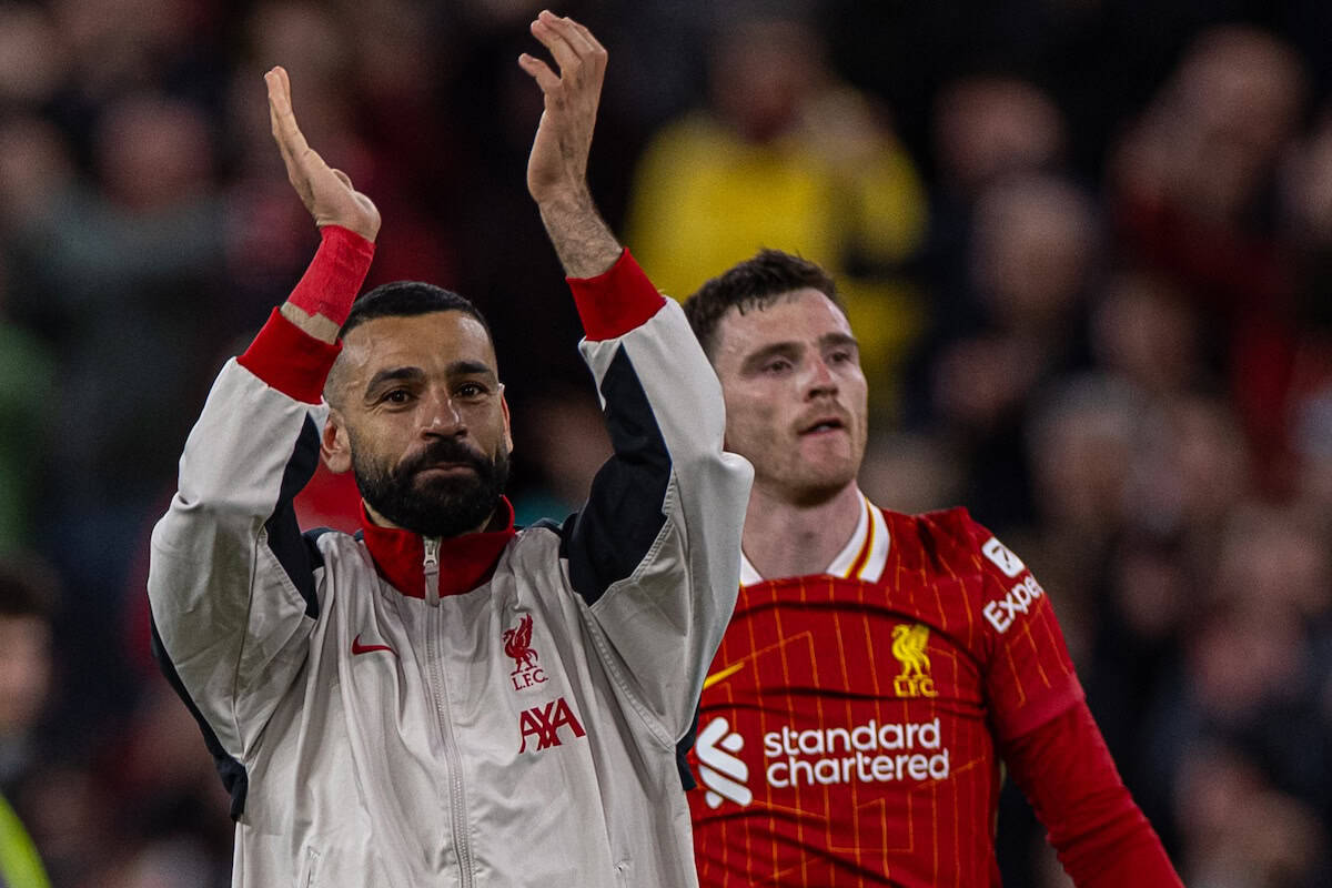LIVERPOOL, ENGLAND - Wednesday, April 2, 2025: Liverpool's Mohamed Salah celebrates after the FA Premier League match between Liverpool FC and Everton FC, the 246th Merseyside Derby, at Anfield. Liverpool won 1-0. (Photo by David Rawcliffe/Propaganda)