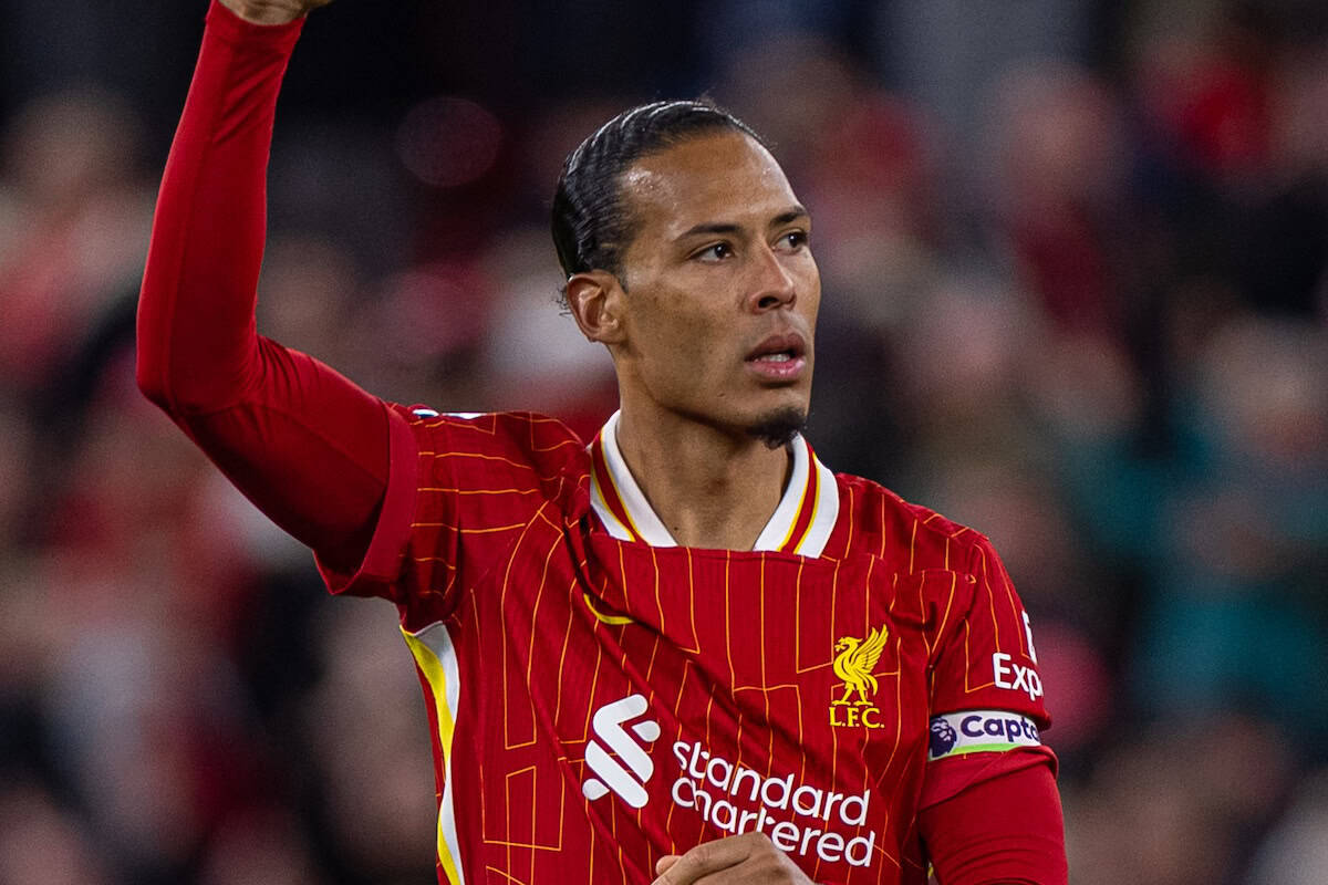 LIVERPOOL, ENGLAND - Wednesday, April 2, 2025: Liverpool's captain Virgil van Dijk celebrates after the FA Premier League match between Liverpool FC and Everton FC, the 246th Merseyside Derby, at Anfield. Liverpool won 1-0. (Photo by David Rawcliffe/Propaganda)