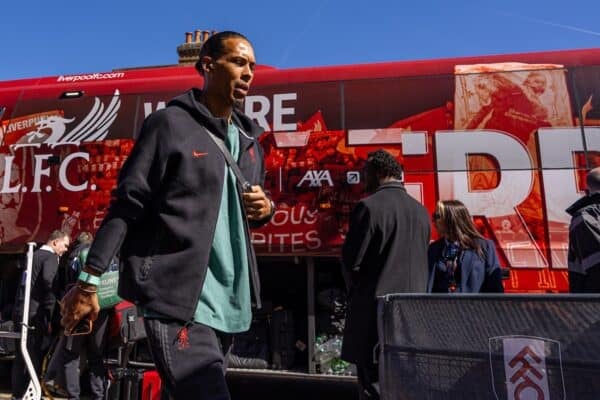 LONDON, ENGLAND - Sunday, April 6, 2025: Liverpool's captain Virgil van Dijk arrives before the FA Premier League match between Fulham FC and Liverpool FC at Craven Cottage. (Photo by David Rawcliffe/Propaganda)