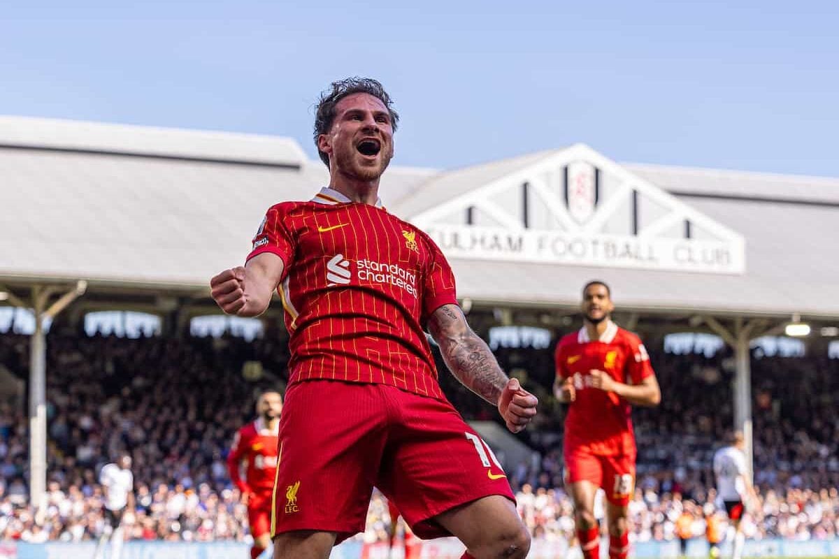 LONDON, ENGLAND - Sunday, April 6, 2025: Liverpool's Alexis Mac Allister celebrates after scoring the first goal during the FA Premier League match between Fulham FC and Liverpool FC at Craven Cottage. (Photo by David Rawcliffe/Propaganda)