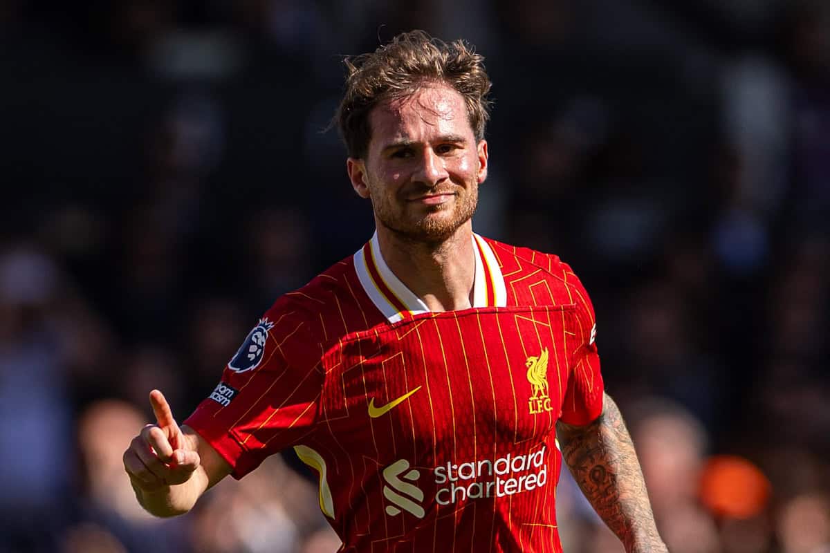 LONDON, ENGLAND - Sunday, April 6, 2025: Liverpool's Alexis Mac Allister celebrates after scoring the first goal during the FA Premier League match between Fulham FC and Liverpool FC at Craven Cottage. (Photo by David Rawcliffe/Propaganda)