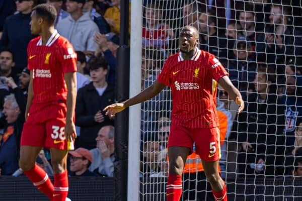 LONDON, ENGLAND - Sunday, April 6, 2025: Liverpool's Ibrahima Konaté reacts as Fulham score an equalising goal during the FA Premier League match between Fulham FC and Liverpool FC at Craven Cottage. (Photo by David Rawcliffe/Propaganda)