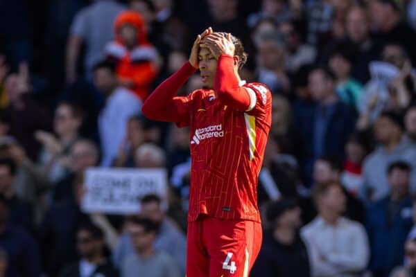 LONDON, ENGLAND - Sunday, April 6, 2025: Liverpool's captain Virgil van Dijk reacts as Fulham score their side's second goal during the FA Premier League match between Fulham FC and Liverpool FC at Craven Cottage. (Photo by David Rawcliffe/Propaganda)