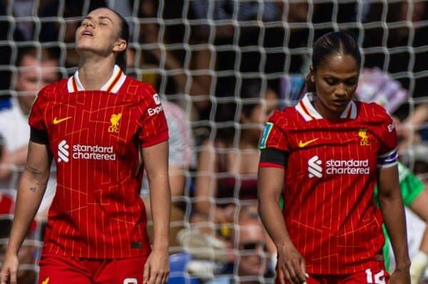 LONDON, ENGLAND - Saturday, April 12, 2025: Liverpool's Gemma Evans (L) and Taylor Hinds look dejected as Chelsea score an injury time winning goal during the FA Women’s FA Cup Semi-Final match between Chelsea FC Women and Liverpool FC Women at Kingsmeadow. (Photo by David Rawcliffe/Propaganda)