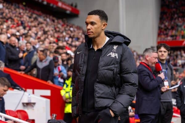 LIVERPOOL, ENGLAND - Sunday, April 13, 2025: Liverpool's injured Trent Alexander-Arnold during the FA Premier League match between Liverpool FC and West Ham United FC at Anfield. (Photo by David Rawcliffe/Propaganda)