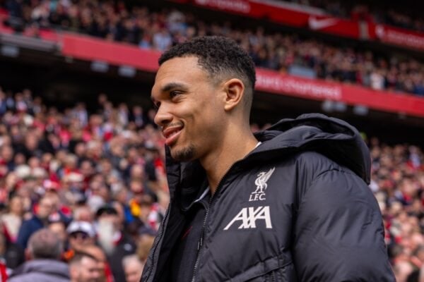 LIVERPOOL, ENGLAND - Sunday, April 13, 2025: Liverpool's injured Trent Alexander-Arnold during the FA Premier League match between Liverpool FC and West Ham United FC at Anfield. (Photo by David Rawcliffe/Propaganda)