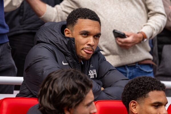 LIVERPOOL, ENGLAND - Sunday, April 13, 2025: Liverpool's injured Trent Alexander-Arnold during the FA Premier League match between Liverpool FC and West Ham United FC at Anfield. (Photo by David Rawcliffe/Propaganda)