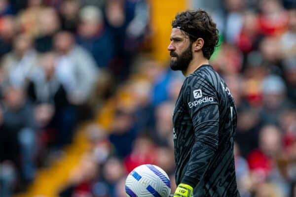 LIVERPOOL, ENGLAND - Sunday, April 13, 2025: Liverpool's goalkeeper Alisson Becker during the FA Premier League match between Liverpool FC and West Ham United FC at Anfield. (Photo by David Rawcliffe/Propaganda)