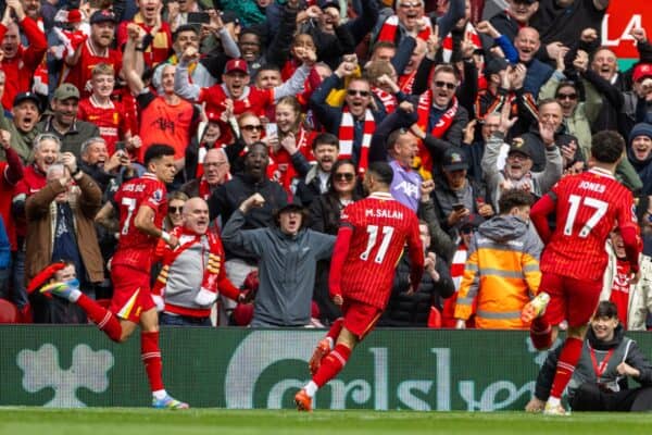 LIVERPOOL, ENGLAND - Sunday, April 13, 2025: Liverpool's Luis Díaz celebrates after scoring the first goal during the FA Premier League match between Liverpool FC and West Ham United FC at Anfield. (Photo by David Rawcliffe/Propaganda)
