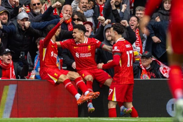 LIVERPOOL, ENGLAND - Sunday, April 13, 2025: Liverpool's Luis Díaz (C) celebrates with team-mates Mohamed Salah (L) and Curtis Jones (R) after scoring the first goal during the FA Premier League match between Liverpool FC and West Ham United FC at Anfield. (Photo by David Rawcliffe/Propaganda)