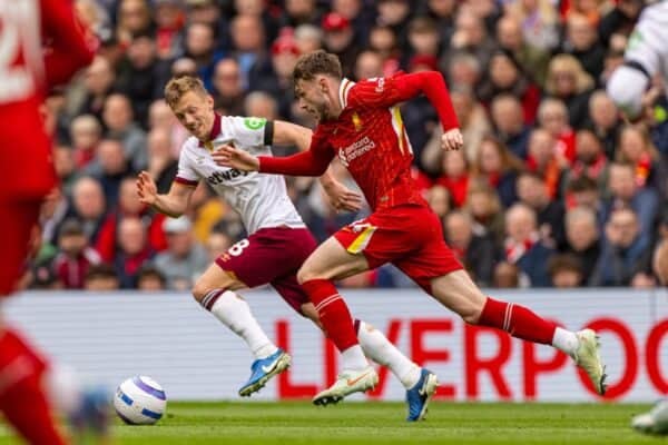 LIVERPOOL, ENGLAND - Sunday, April 13, 2025: Liverpool's Conor Bradley during the FA Premier League match between Liverpool FC and West Ham United FC at Anfield. (Photo by David Rawcliffe/Propaganda)