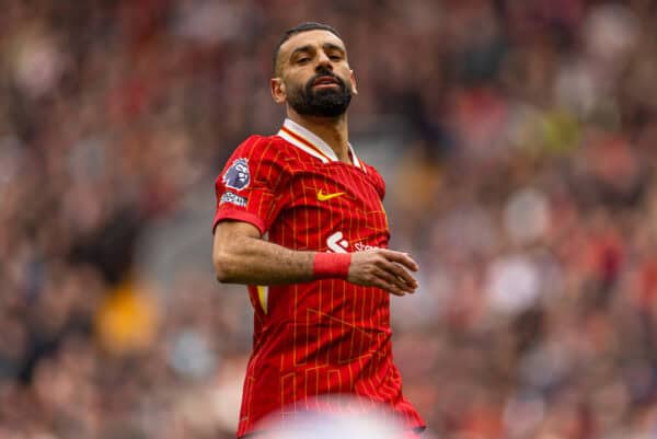 LIVERPOOL, ENGLAND - Sunday, April 13, 2025: Liverpool's Mohamed Salah during the FA Premier League match between Liverpool FC and West Ham United FC at Anfield. (Photo by David Rawcliffe/Propaganda)