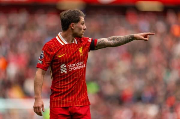 LIVERPOOL, ENGLAND - Sunday, April 13, 2025: Tattoos on the arm of Liverpool's Alexis Mac Allister during the FA Premier League match between Liverpool FC and West Ham United FC at Anfield. (Photo by David Rawcliffe/Propaganda)