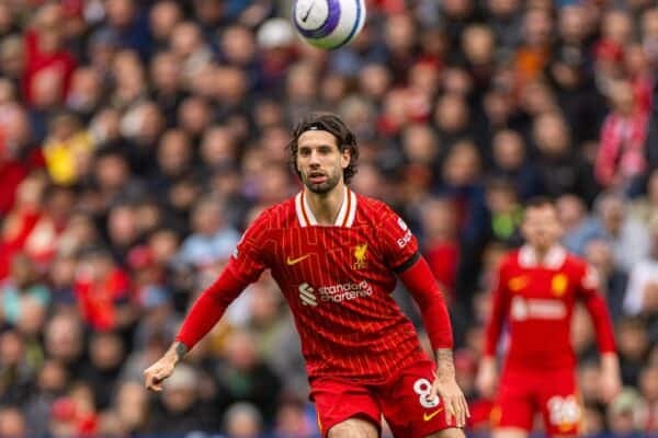 LIVERPOOL, ENGLAND - Sunday, April 13, 2025: Liverpool's Dominik Szoboszlai during the FA Premier League match between Liverpool FC and West Ham United FC at Anfield. (Photo by David Rawcliffe/Propaganda)