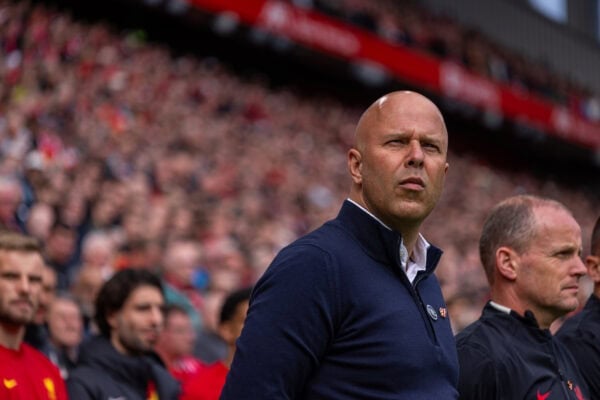 LIVERPOOL, ENGLAND - Sunday, April 13, 2025: Liverpool's head coach Arne Slot stands for a minute's silence to remember the 97 victims of the Hillsborough Stadium Disaster before the FA Premier League match between Liverpool FC and West Ham United FC at Anfield. (Photo by David Rawcliffe/Propaganda)